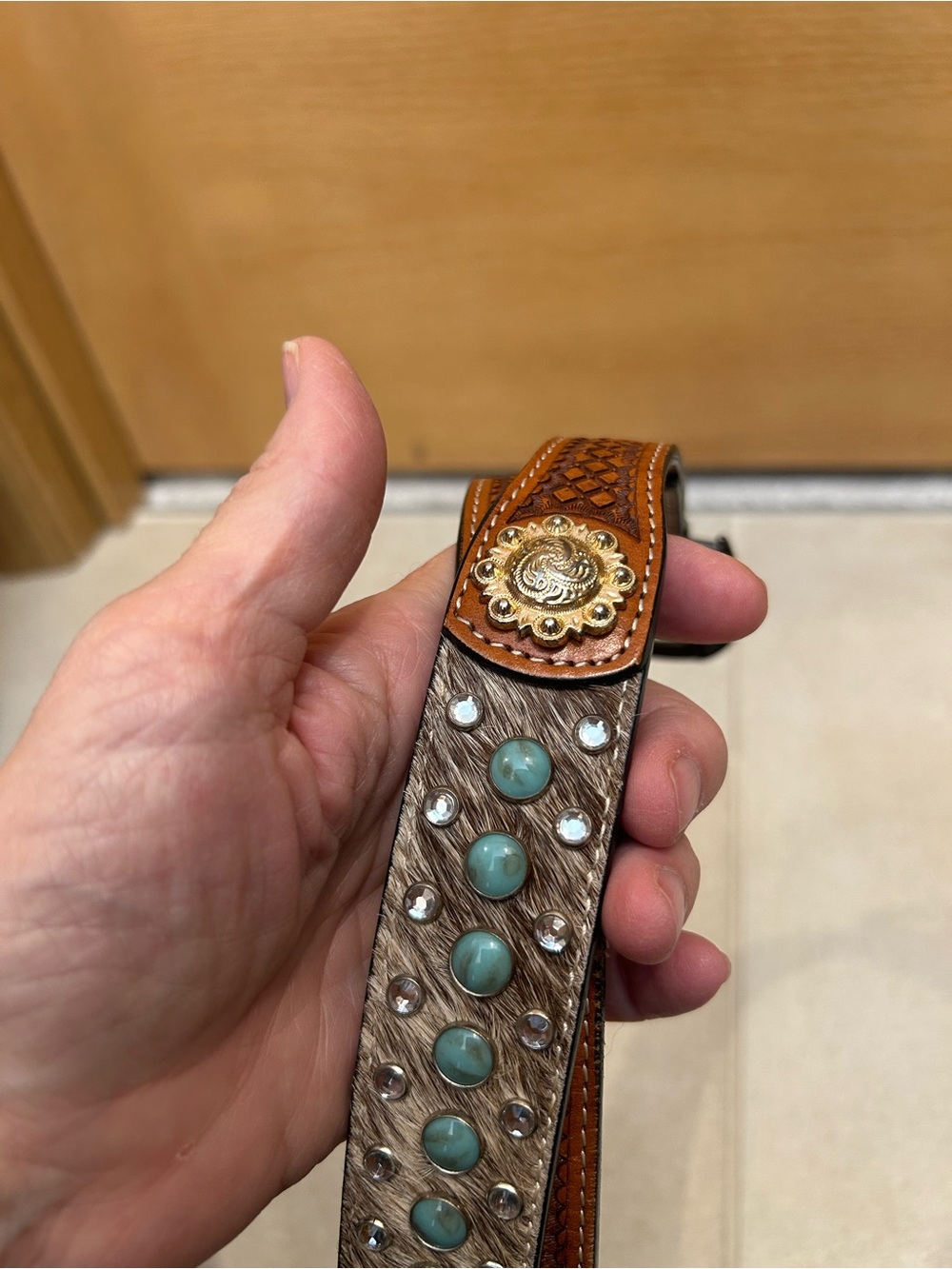 Decorative Brown Leather Belt with Turquoise & Rhinestone Accents, Size 32. - Picture 6 of 7